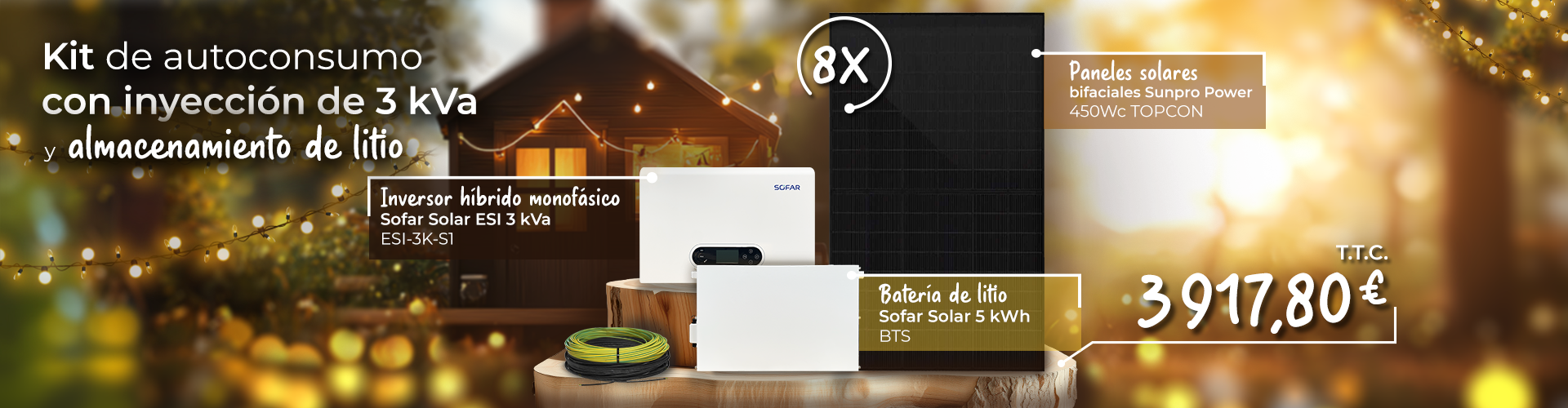 Kit de reinyección de autoconsumo 3 kVa con almacenamiento de litio compuesto por un inversor híbrido monofásico Sofar Solar ESI 3 kVa ESI-3K-S1, 8 paneles solares Sunpro Power 450 Wp TOPCON Bifacial y una batería de litio Sofar Solar 5 kWh BTS a un precio de 3917,80 euros IVA incl.